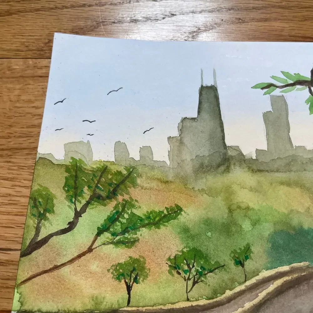 Hand painted watercolor original painting park fishing Chicago